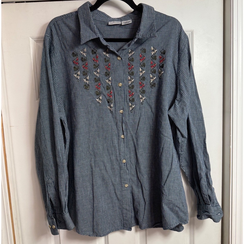 Cabin Creek Blue Gingham Embroidered Floral‎ Long Sleeve Button Up Shirt 3X